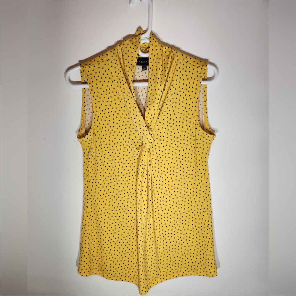 Premise Black and Yellow Sleeveless Stretchy Blouse Top with Polka Dots XL